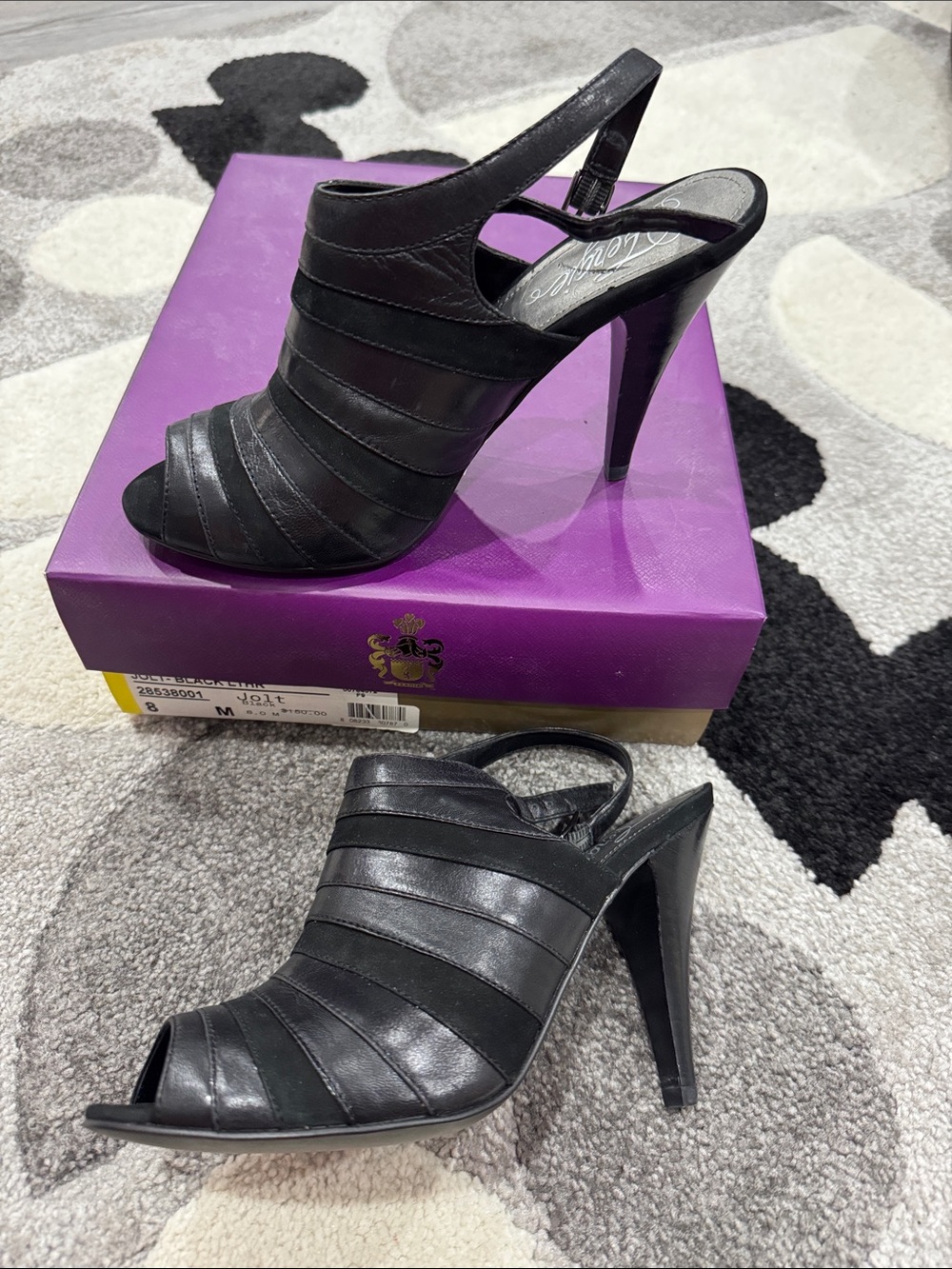 Fergie Jolt Black Strappy Peep-Toe Slingback High Heels size 8 BNIB